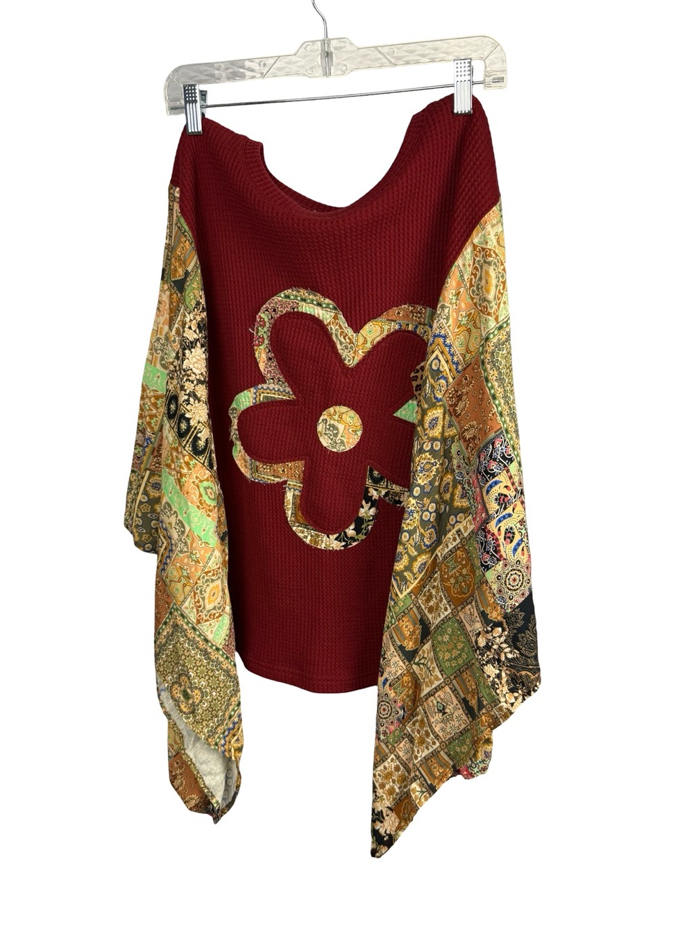 NWT Davi & Dani Burgundy Boho Patchwork Knit Poncho Top Size Medium - Oversized